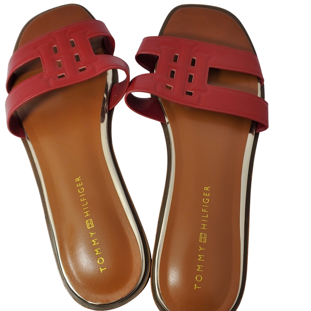 Tommy Hilfiger Tezzi Red Flat Slide Sandals H Logo Slip On Shoes TWTEZZI-M 9M